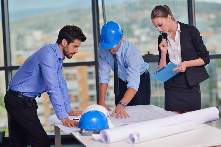 business people group meeting presentation bright modern office with construction engineer architect worker looking building model blueprint planbleprint plans 530697 20201