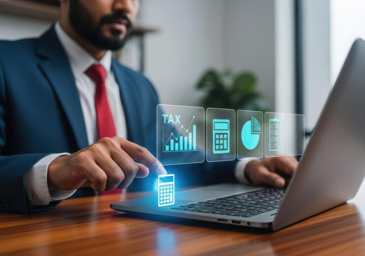 businessman interacts with digital tax financial data laptop interface 1218131 5782